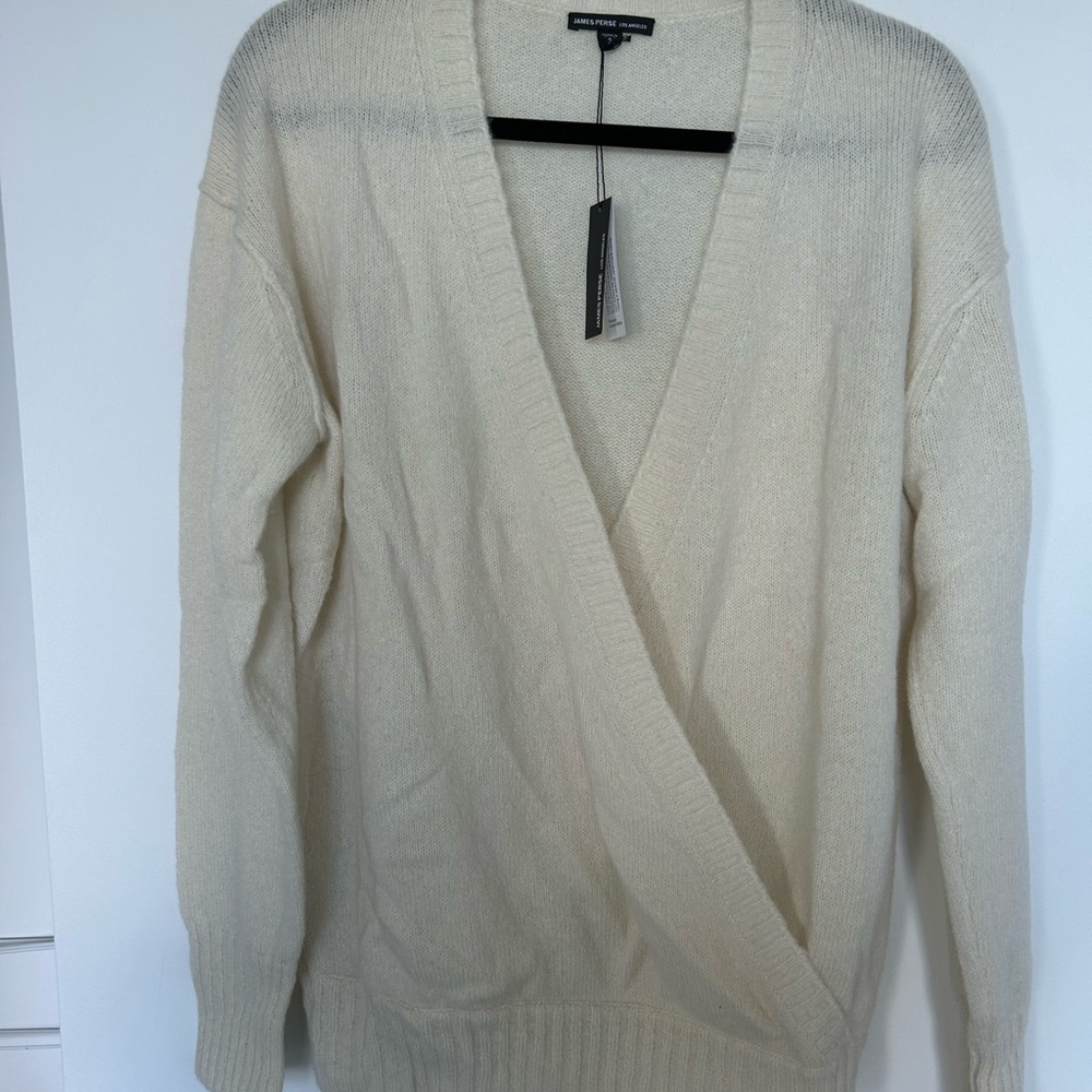James Perse Cream cashmere V-Neck Wrap Sweater with Textured Knit